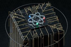 A imagem apresenta um bloco tecnológico tridimensional, semelhante a um grande processador ou servidor de alta capacidade, composto por módulos escuros e texturizados que lembram chips de computador. Desse bloco saem diversas trilhas douradas, como circuitos eletrônicos, que se ramificam em direções diferentes, sugerindo a distribuição de dados, energia ou processamento.