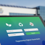 Esta foto é um close-up focado em um tablet que exibe uma interface de um aplicativo ou sistema de pagamentos, com foco em sustentabilidade e serviços públicos.