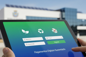 Esta foto é um close-up focado em um tablet que exibe uma interface de um aplicativo ou sistema de pagamentos, com foco em sustentabilidade e serviços públicos.