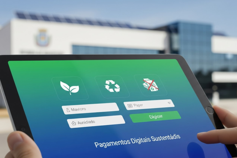 Esta foto é um close-up focado em um tablet que exibe uma interface de um aplicativo ou sistema de pagamentos, com foco em sustentabilidade e serviços públicos.