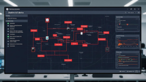 A magem apresenta uma interface de software avançada voltada para a segurança cibernética e monitoramento de rede, especificamente focada em Shadow IoT (Internet das Coisas).