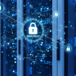 A imagem mostra um data center com racks de servidores ao fundo, iluminados por luzes azuis, representando um ambiente de infraestrutura de TI corporativa.