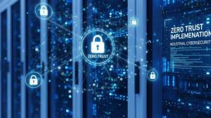 A imagem mostra um data center com racks de servidores ao fundo, iluminados por luzes azuis, representando um ambiente de infraestrutura de TI corporativa.