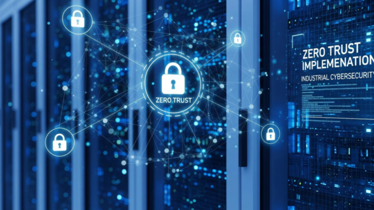 A imagem mostra um data center com racks de servidores ao fundo, iluminados por luzes azuis, representando um ambiente de infraestrutura de TI corporativa.