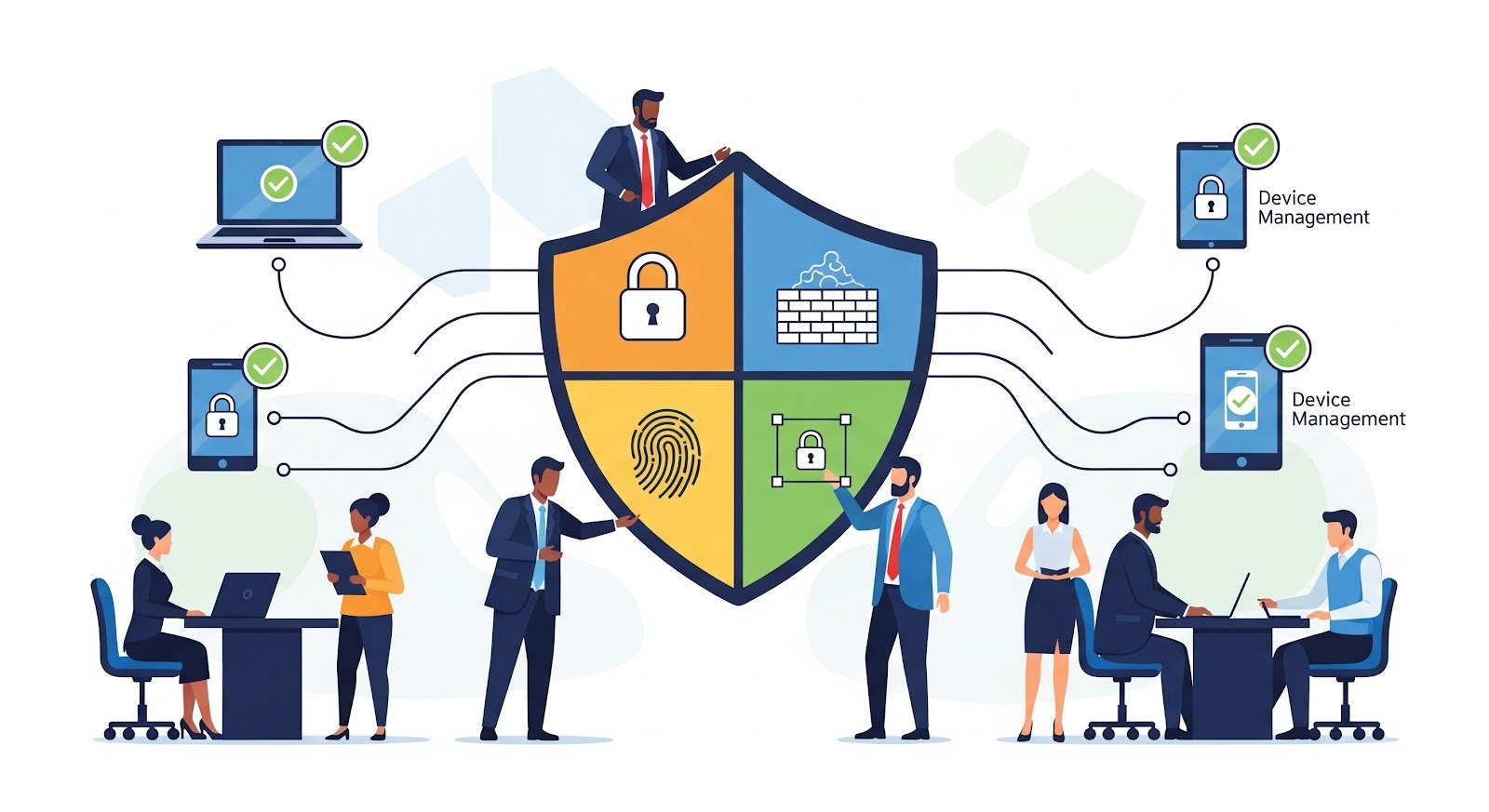 Esta última imagem é uma ilustração detalhada que expande o conceito de segurança da informação para a Gestão de Dispositivos (Device Management) e o comportamento humano nas organizações.