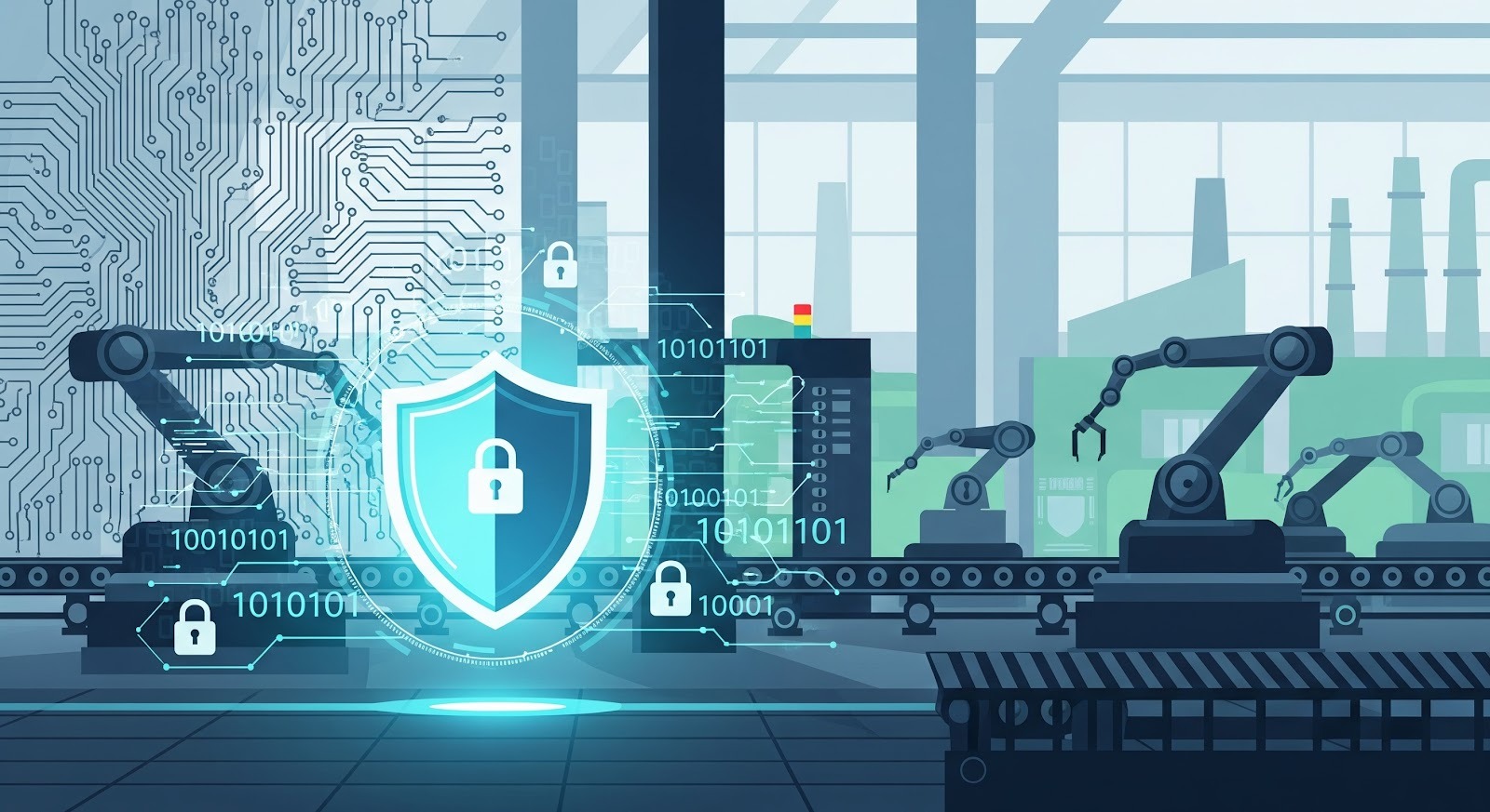 A imagem mostra um ambiente de fábrica automatizada (Indústria 4.0) com braços robóticos operando ao longo de uma linha de produção.