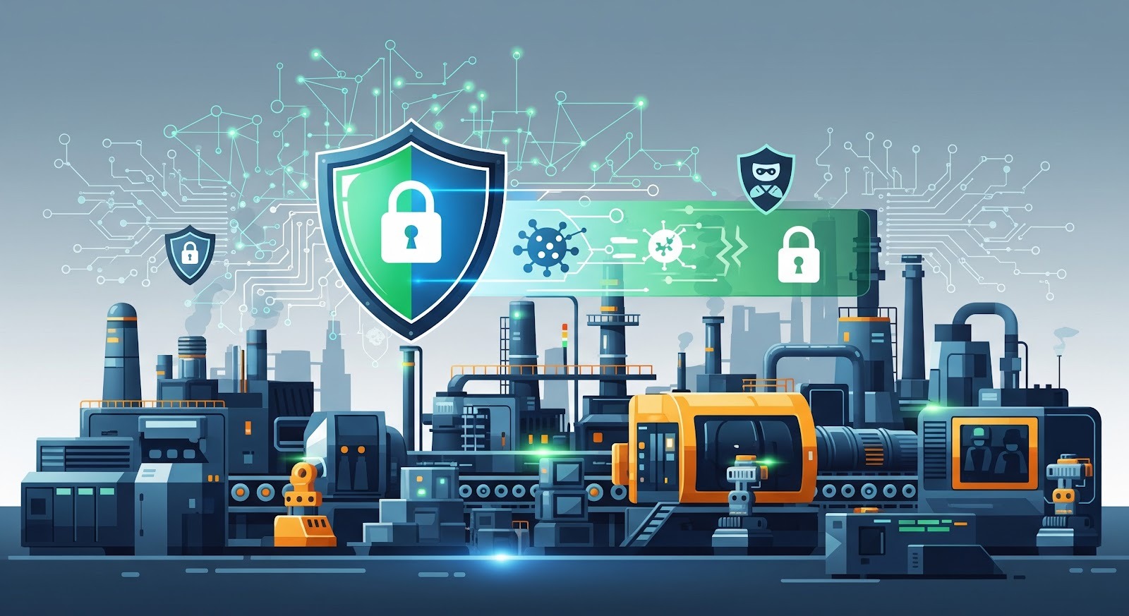 A imagem retrata uma planta industrial moderna e altamente automatizada, com máquinas, esteiras, tanques, tubulações e braços robóticos operando em uma linha de produção contínua.