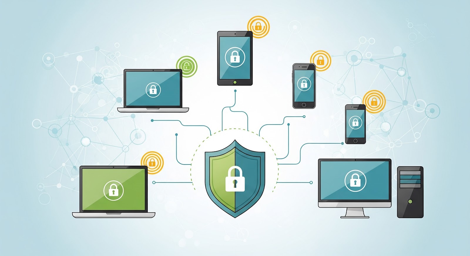 A imagem é uma ilustração conceitual que representa a segurança digital e a proteção de dados em um ecossistema conectado.