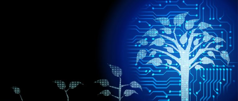 Contexto abstrato de uma startup fintech: crescimento de negócios, transformação e inovação para o digital. Sucesso na implantação e expansão de tecnologia financeira para futuros investimentos, juros e lucros.