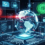 A imagem retrata um ambiente digital futurista voltado à segurança da informação e inteligência de dados.