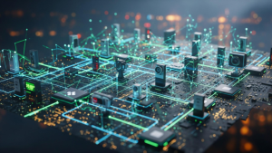 A imagem mostra uma representação visual futurista de uma rede digital avançada, composta por múltiplos dispositivos interconectados sobre uma superfície que lembra uma placa de circuito eletrônico. Linhas luminosas em tons de verde e azul conectam os elementos, simbolizando fluxo contínuo de dados, comunicação em tempo real e integração tecnológica.