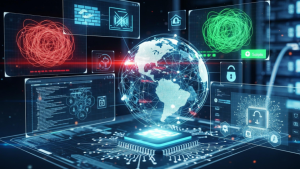 A imagem retrata um ambiente digital futurista voltado à segurança da informação e inteligência de dados.