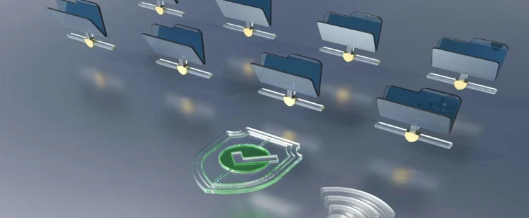 A imagem apresenta uma ilustração 3D de cibersegurança, com diversos dispositivos ou estações de trabalho conectados em rede, representados por telas alinhadas, cada uma com um cadeado, simbolizando acesso protegido e comunicação segura.