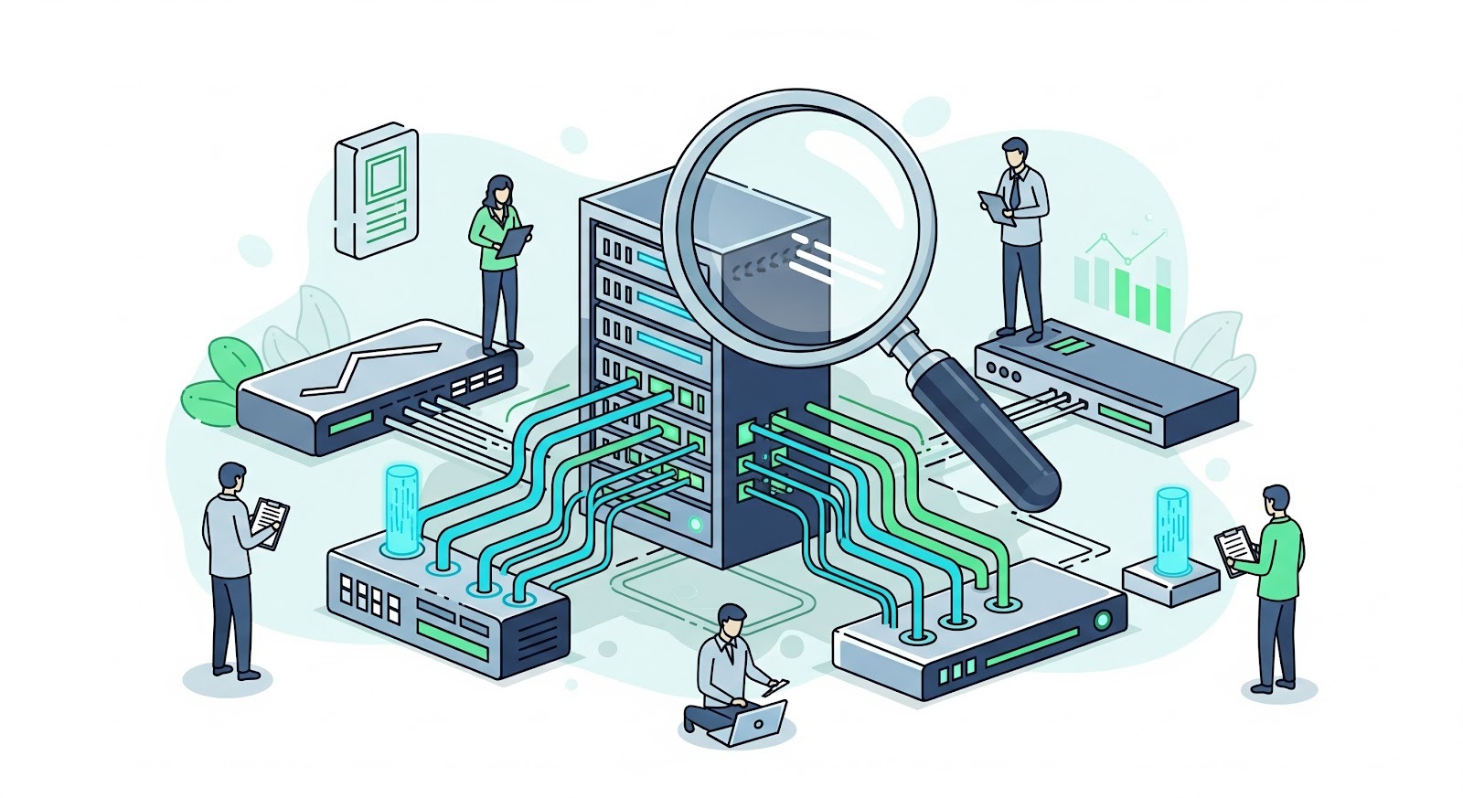 Apresenta uma infraestrutura de servidores interconectados, com cabos de dados convergindo para um núcleo central, observado por uma lupa, símbolo de auditoria, monitoramento e diagnóstico técnico.