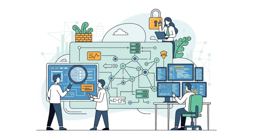 Mostra uma equipe de profissionais interagindo com painéis digitais, fluxos de dados e diagramas de rede.