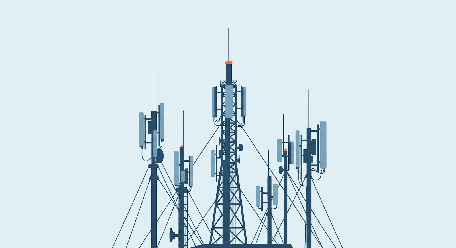 A imagem mostra um conjunto de torres de telecomunicações equipadas com antenas e transmissores, dispostas lado a lado contra um céu claro e uniforme. As estruturas metálicas apresentam diferentes alturas e suportes, com cabos e painéis de transmissão fixados de forma simétrica.