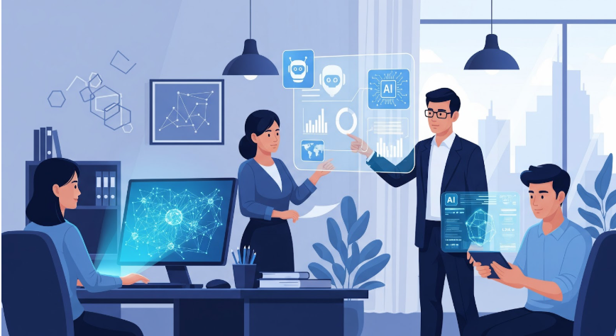 A imagem é uma ilustração de um escritório moderno com uma equipe trabalhando com Inteligência Artificial e análise de dados.