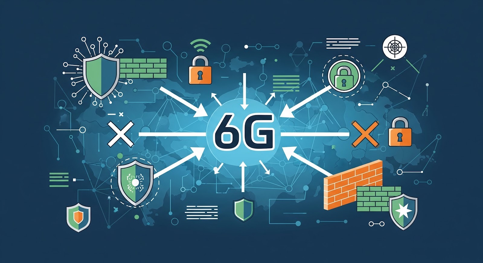 A imagem ilustra, de forma didática e conceitual, o ecossistema de segurança e conectividade do 6G.