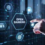 Empresário tocando holograma de open banking. Conceito de tecnologia financeira.