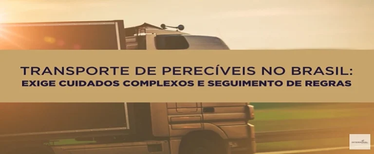 caminhão andando na estrada ao por do sol, com faixa digital acima da imagem, escrito transporte de produtos perecíveis