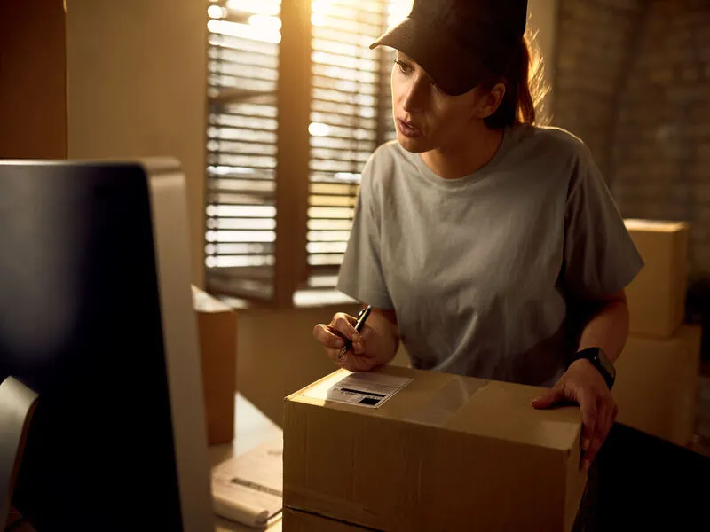 dona de empresa de e-commerce verifica dados do cliente no computador e escreve na embalagem que irá para o transporte de produtos perecíveis