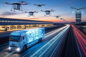 Esta foto é uma representação futurista e dinâmica da logística de carga e última milha, destacando a integração de tecnologia e transporte.