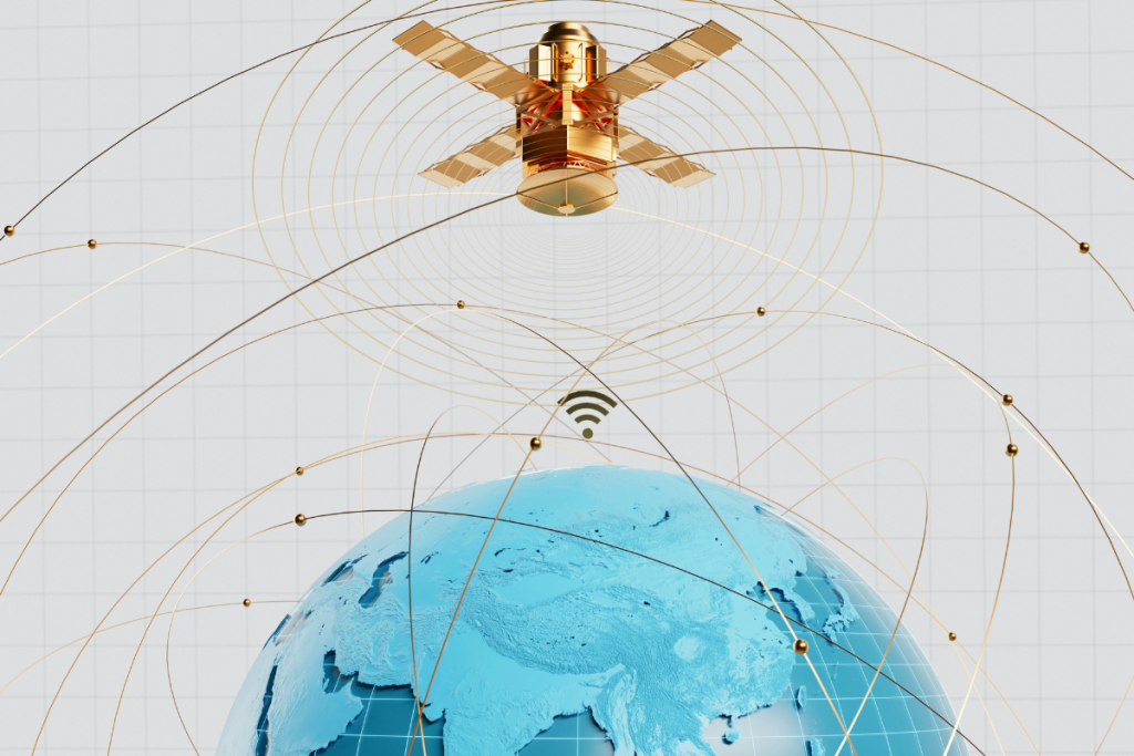 A imagem apresenta uma representação futurista de comunicação global via satélite. No topo, há um satélite dourado orbitando o planeta, emitindo ondas concêntricas que simbolizam transmissão de dados ou sinal.
