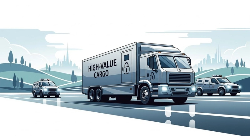 ilustração de caminhão fazendo o transporte de cargas de alto valor com carros forte o protegendo