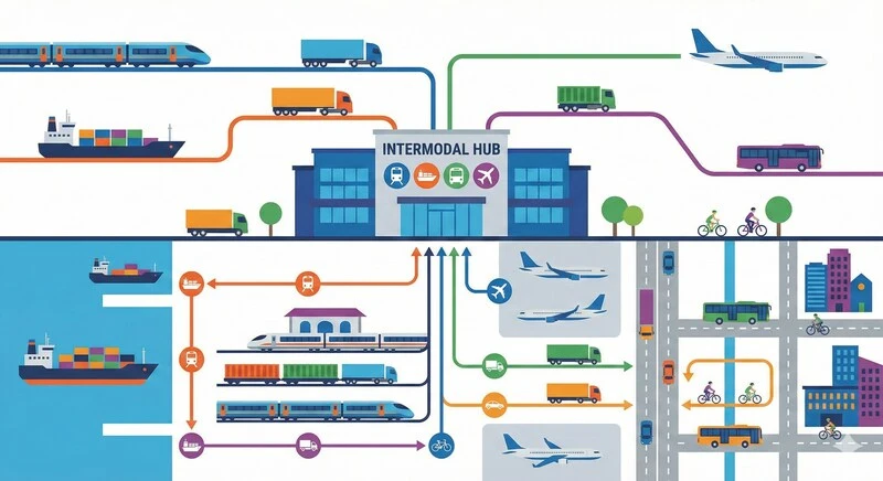 ilustrações com diferentes modais do sistema intermodal de transporte
