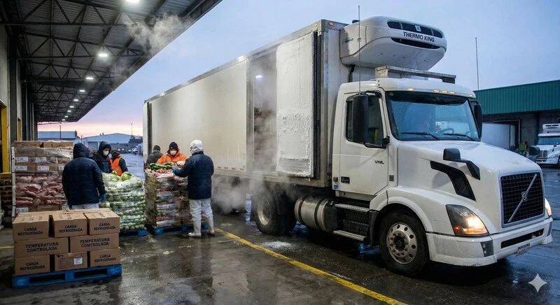 funcionários carregando caminhão frigorífico, um dos tipos de cargas no transporte rodoviário