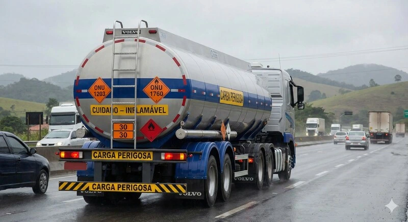 carga perigosa, um dos tipos de cargas no transporte rodoviário, sendo transportada em via expressa