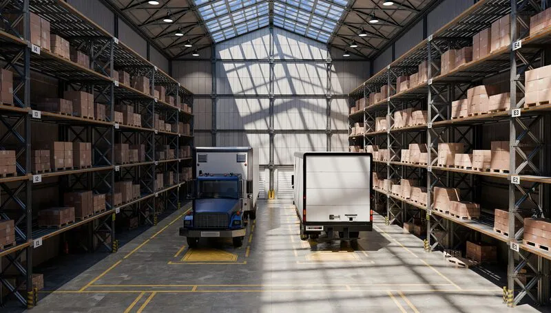 dois caminhões dentro de estoque passando por gestão e manutenção de frotas