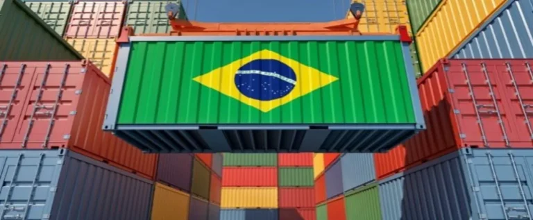 conteiner com a bandeira do brasil contendo as principais importações e exportações brasileiras