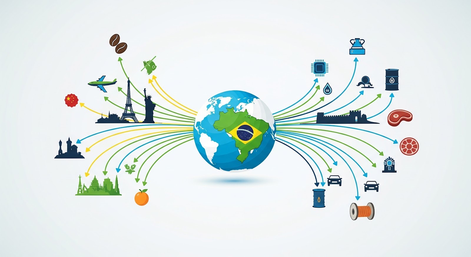 A magem é uma ilustração que representa o Brasil no cenário do comércio global, destacando o papel do país como um grande exportador de commodities e produtos industrializados.