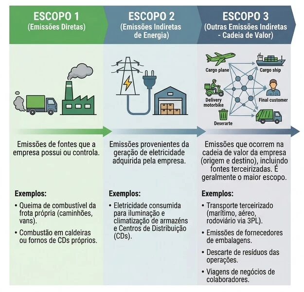 ilustração diagrama de como funcionam os escopos da descarbonização na logística