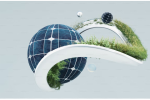 A imagem mostra uma representação futurista e conceitual de tecnologia sustentável, com esferas que lembram painéis solares e vegetação crescendo ao redor de estruturas curvas e modernas. Essa composição remete à integração entre tecnologia (como o IoT) e práticas ecológicas, especialmente no contexto da logística sustentável.