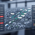 A imagem apresenta uma interface digital avançada de monitoramento de frotas em um ambiente urbano.