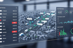 A imagem apresenta uma interface digital avançada de monitoramento de frotas em um ambiente urbano.