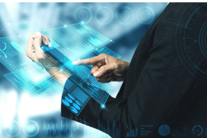 Essa imagem visualiza a aplicação de inteligência artificial (IA) generativa e tecnologia digital avançada, especificamente no contexto de logística, como sugere o texto implícito na imagem original ("IA generativa na logística").