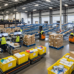 A imagem captura o interior movimentado e bem-organizado de um grande centro de distribuição ou armazém. O ambiente é vasto, com tetos altos e boa iluminação natural proveniente de grandes janelas horizontais na parte superior das paredes.