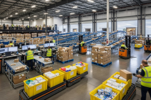 A imagem captura o interior movimentado e bem-organizado de um grande centro de distribuição ou armazém. O ambiente é vasto, com tetos altos e boa iluminação natural proveniente de grandes janelas horizontais na parte superior das paredes.