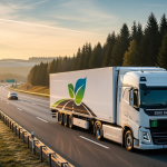 A imagem retrata um caminhão de grande porte trafegando por uma rodovia ampla e bem conservada, cercada por uma paisagem natural com florestas densas de árvores e colinas ao fundo, sob a luz suave do amanhecer ou entardecer. O veículo é moderno, de cor branca, e carrega na lateral do baú um símbolo com folhas verdes sobre uma estrada, remetendo à sustentabilidade.