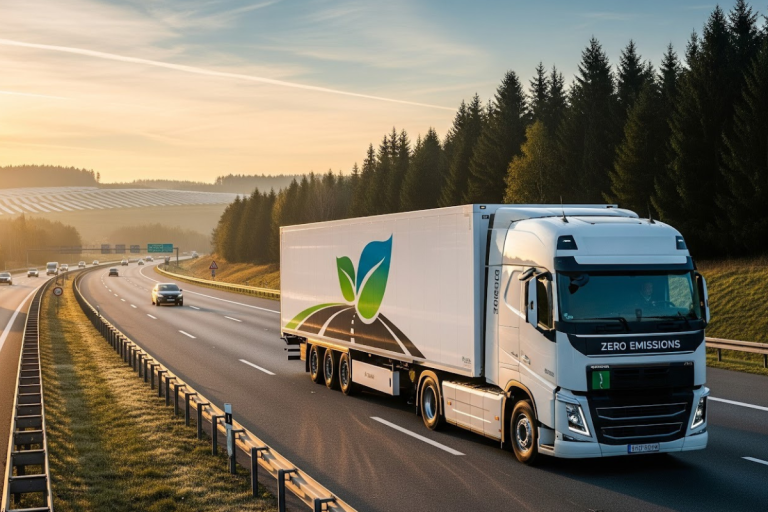 A imagem retrata um caminhão de grande porte trafegando por uma rodovia ampla e bem conservada, cercada por uma paisagem natural com florestas densas de árvores e colinas ao fundo, sob a luz suave do amanhecer ou entardecer. O veículo é moderno, de cor branca, e carrega na lateral do baú um símbolo com folhas verdes sobre uma estrada, remetendo à sustentabilidade.