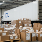 Esta foto retrata o ambiente de um centro de distribuição ou armazém, focando na preparação de cargas para transporte.