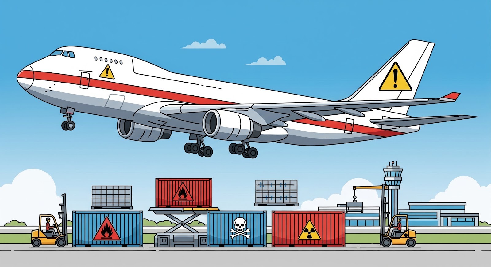 A imagem é uma ilustração que aborda a segurança no transporte aéreo de cargas perigosas, utilizando uma estética de desenho claro e didático.