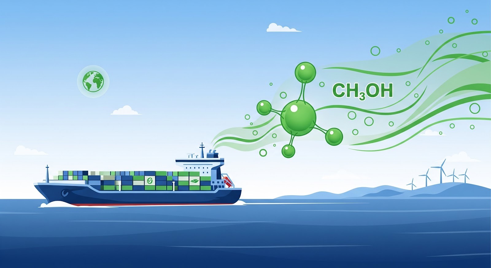 A imagem ilustra um navio cargueiro navegando no oceano, transportando contêineres verdes, associados a práticas de logística sustentável.