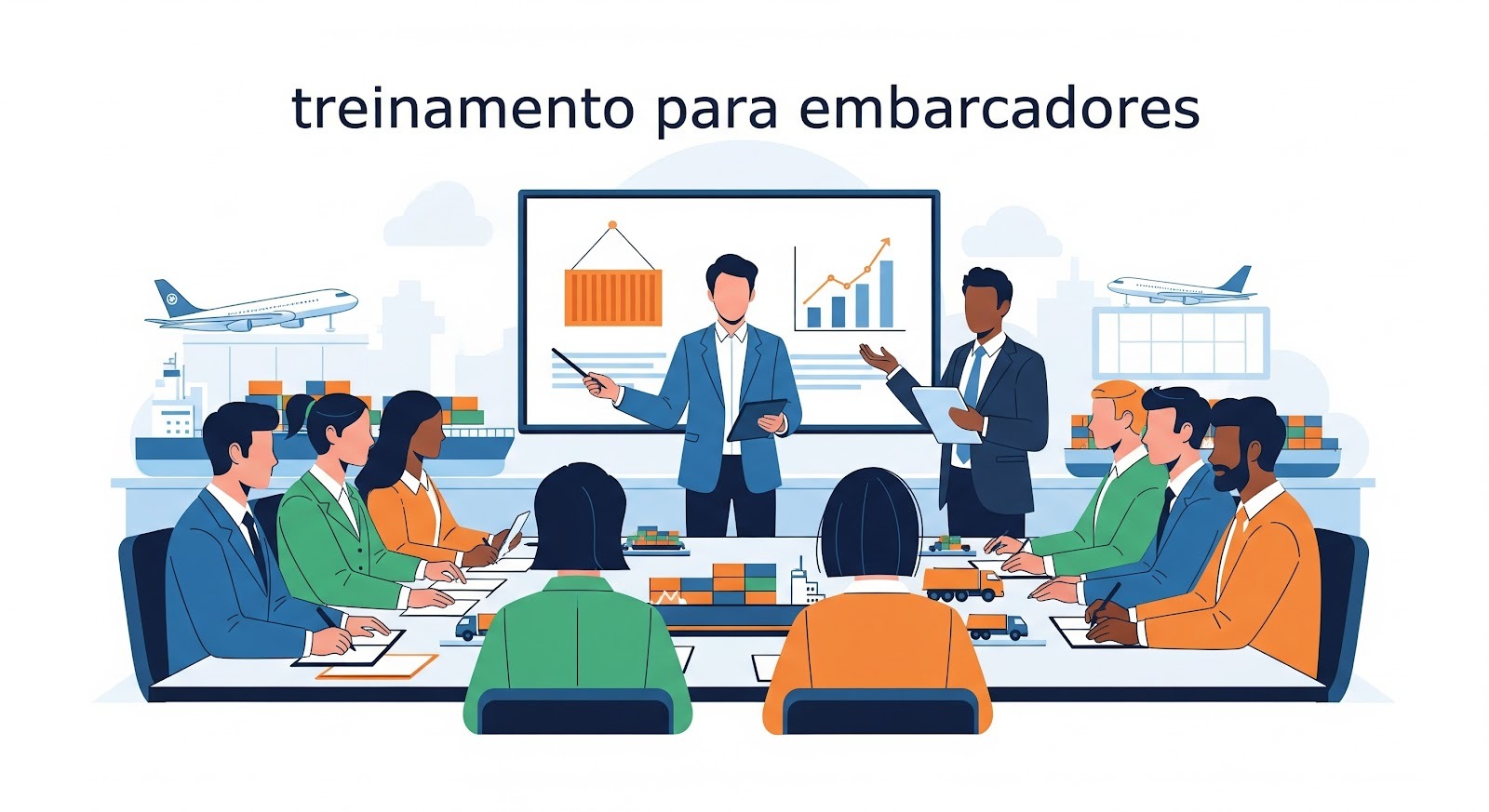 imagem é uma ilustração que retrata uma sessão de treinamento corporativo especializado, com foco no setor de logística .