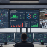 A imagem mostra um centro de controle operacional de transporte, com foco em monitoramento ferroviário e gestão em tempo real.