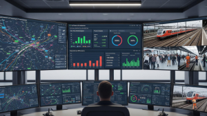 A imagem mostra um centro de controle operacional de transporte, com foco em monitoramento ferroviário e gestão em tempo real.