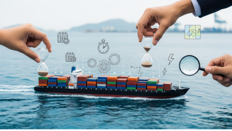 Esta imagem apresenta uma composição conceitual que mistura elementos reais e sobreposições gráficas para ilustrar a complexidade e a precisão da logística marítima.